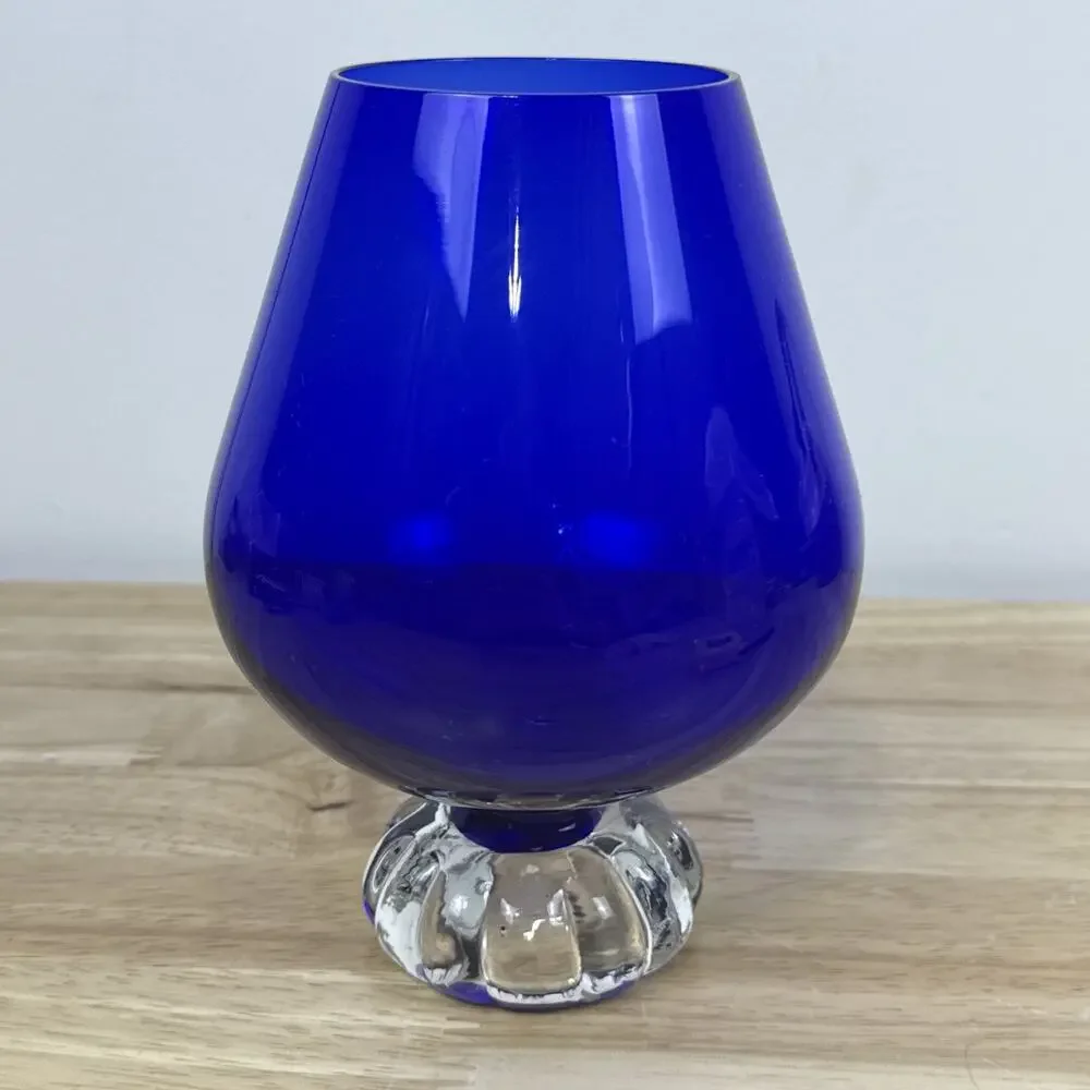 VTG Empoli Cobalt Blue Glass Snifter 7” Brandy Glass Vase Ribbed Pedestal Base